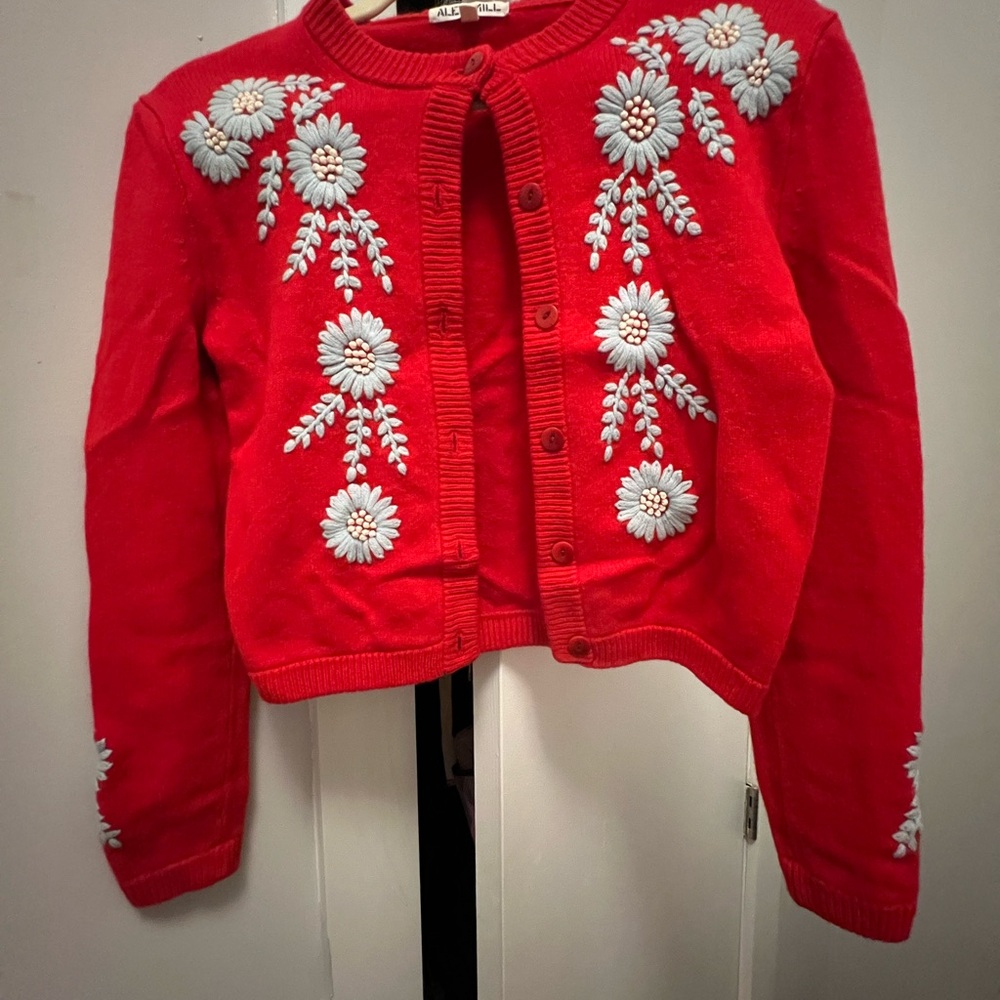 Alex Mill Red Cardigan with Floral Embroidery